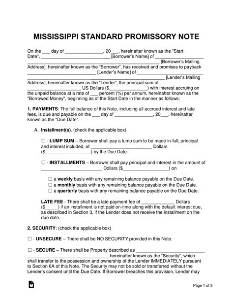 Promissory Note Template Mississippi